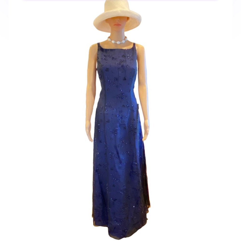 BETSEY & ADAM Navy Blue Beaded Chiffon Over Taffeta Floor Length Dress Size 12